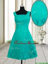 Latest A Line Square Zipper Up Turquoise Short Dama Dress in Lace PSSWPD056FOR