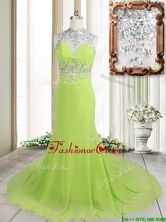 Unique Column High Neck Backless Spring Green Brush Train Dama Dress with Beading PSSWPD067FOR