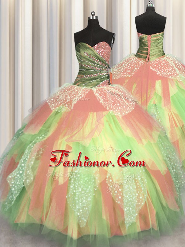  Beading and Ruching Vestidos de Quinceanera Multi-color Lace Up Sleeveless Floor Length