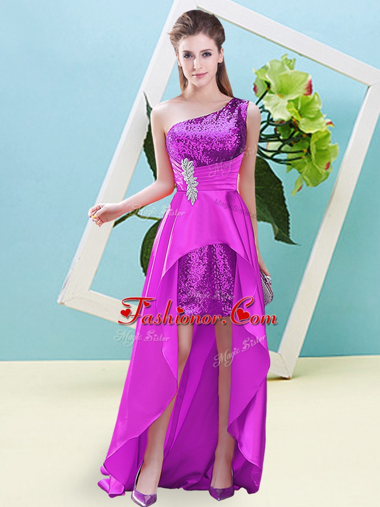 Fuchsia Elastic Woven Satin and Sequined Lace Up Sleeveless High Low ...