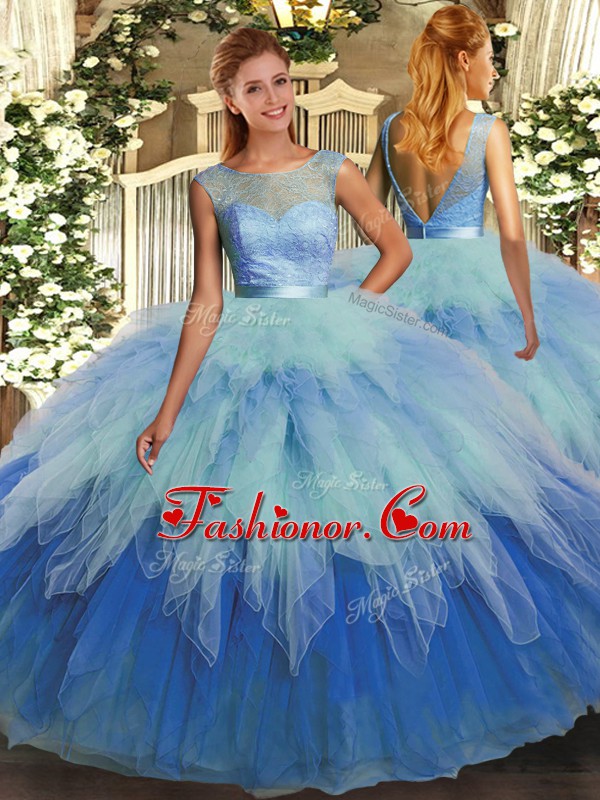 Elegant Multi-color Backless Sweet 16 Dress Beading and Ruffles Sleeveless Floor Length