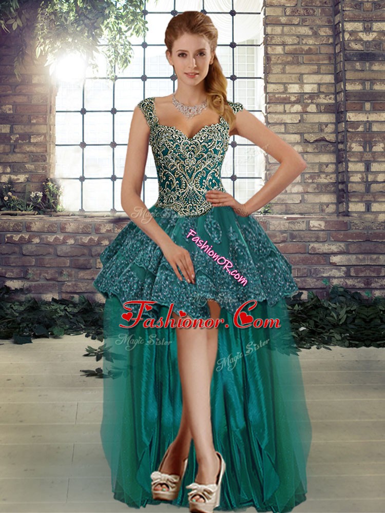 Green Tulle Lace Up Quinceanera Dress Sleeveless Floor Length Beading ...