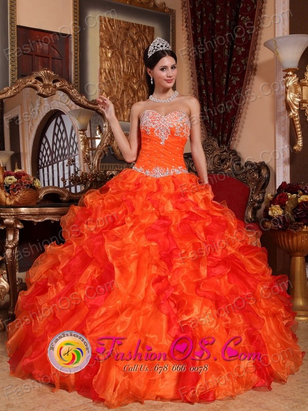Silao Mexico Orange Quinceanera Dress Sweetheart Beaded Embroidery Decorate Multi-color Ruffles Style QDZY061FOR