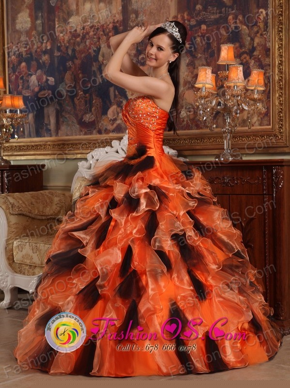 Beautiful Wholesale Orange taffeta and multi-color organza Strapless Quinceanera Dress For 2013 Fall In Itaquyry Paraguay  Style QDZY460FOR