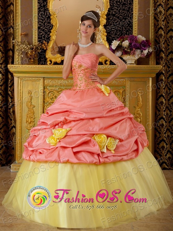 Colorful Hand Made Flowers and Pick-ups For Watermelon and Yellow Strapless Quinceanera Dress With Taffeta and Tulle Appliques for Military Ball IN  Tasbapauni Nicaragua  Style QDZY219FOR