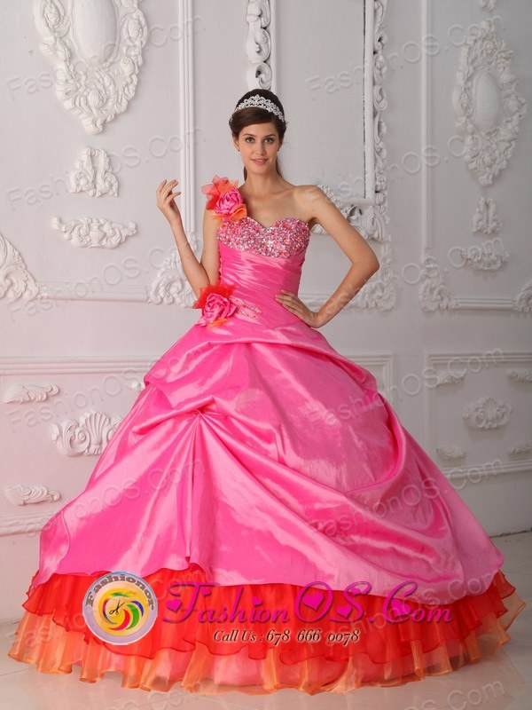 One Shoulder Multi-color Beaded Decorate Bust and Hand Made Flowers Quinceanera Dresses With Pick-ups for Formal Evening In Potrerillos Honduras  Style QDZY452FOR