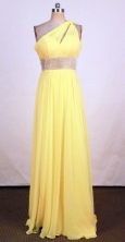 Popular Empire One-shoulder neck Floor-length Yellow Beading Prom Dresses Style FA-C-159