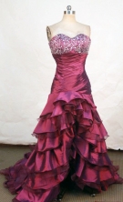 Popular High-low Sweetheart-neck Brush Burgundy Beading Prom Dresses Style FA-C-223