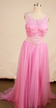 Romantic Empire Scoop neck Floor-length Rose Pink Beading Prom Dresses Style FA-C-204