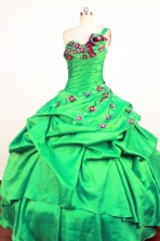 Perfect Ball Gown One Shoulder Neck Floor-Length Spring Green Beading and Appliques Quinceanera Dresses Style FA-S-377