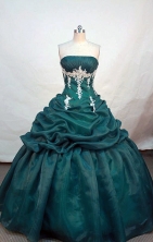 Cheap ball gown strapless floor-length dark green organza appliques quinceanera dress FA-X-047