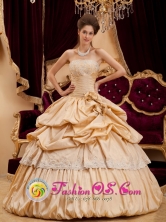 Customize Champagne Strapless Appliques With Beading Decorate Hand Made Flowers and Pick-ups For 2013 Quinceanera Dress in Chalatenango   El Salvador  Style QDZY131FOR