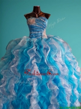 Discount Beaded and Ruffled Big Puffy Sweet 16 Dress in White and Blue SWQD078FOR