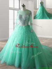See Through Scoop Long Sleeves Beading Sweet 16 Dress with Brush Train YCQD093-1FOR