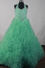 Elegant Ball Gown Halter Top Neck Floor-length Green Dress LJ2603