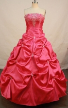 Popular Ball Gown Strapless Floor-length Red Taffeta Beading Quinceanera dress Style FA-L-075