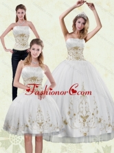 Modest 2015 Detachable Strapless Embroidery White and Gold Quinceanera Dresses XFNAO5789TZA1FOR