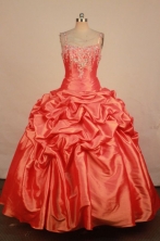 Wonderful Ball Gown Strap Floor-length Orange Red Taffeta Beading Quinceanera dress Style FA-L-230