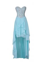 New Style Blue Chiffon Zipper Sweetheart Sleeveless High Low Beading