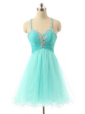  A-line Prom Dress Aqua Blue Spaghetti Straps Tulle Sleeveless Mini Length Criss Cross