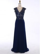  Navy Blue Zipper V-neck Appliques Evening Dress Chiffon Sleeveless Sweep Train