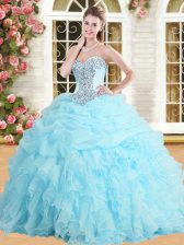 Baby Blue Organza Lace Up Sweetheart Sleeveless Floor Length Quinceanera Dresses Appliques and Ruffles and Pick Ups