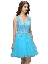 Pretty Baby Blue V-neck Neckline Beading and Appliques Prom Evening Gown Sleeveless Backless