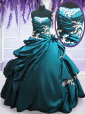  Pick Ups Ball Gowns 15th Birthday Dress Teal Strapless Taffeta Sleeveless Floor Length Lace Up