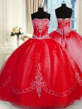 Designer Strapless Sleeveless Sweet 16 Quinceanera Dress Floor Length Beading and Embroidery Red Tulle