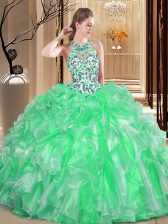 Elegant Scoop Sleeveless Organza Floor Length Lace Up Quinceanera Gown in with Embroidery and Ruffles