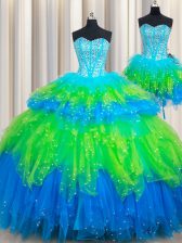  Three Piece Multi-color Ball Gowns Beading and Ruffled Layers Quinceanera Dress Lace Up Tulle Sleeveless Floor Length