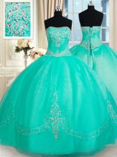 Glittering Turquoise Strapless Neckline Beading and Appliques Sweet 16 Dresses Sleeveless Lace Up