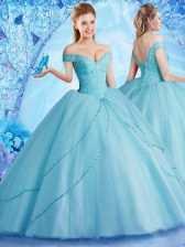 Flare Aqua Blue Ball Gowns Off The Shoulder Sleeveless Tulle With Brush Train Lace Up Beading Vestidos de Quinceanera