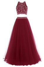 Noble A-line Prom Dresses Burgundy Halter Top Tulle Sleeveless Floor Length Zipper