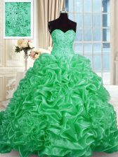  Green Organza Lace Up Sweet 16 Dress Sleeveless Sweep Train Beading