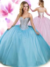 New Arrival Aqua Blue Lace Up Vestidos de Quinceanera Beading Sleeveless Floor Length