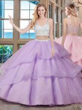  Organza Sleeveless With Train Quinceanera Gown Brush Train and Beading