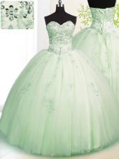  Apple Green Sweet 16 Dresses Military Ball and Sweet 16 and Quinceanera with Beading and Appliques Sweetheart Sleeveless Lace Up