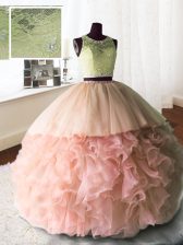 Exquisite Baby Pink 15th Birthday Dress Military Ball and Sweet 16 and Quinceanera with Beading and Lace and Ruffles Scoop Sleeveless Brush Train Zipper
