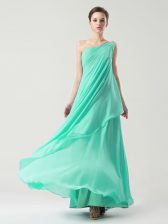 Amazing One Shoulder Turquoise Sleeveless Chiffon Side Zipper Prom Dresses for Prom and Party