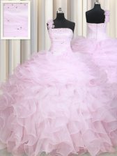  One Shoulder Floor Length Ball Gowns Sleeveless Baby Pink Quinceanera Dress Zipper
