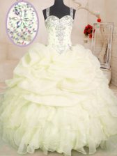 Admirable Light Yellow Sleeveless Beading and Ruffles and Pick Ups Floor Length Ball Gown Prom Dress