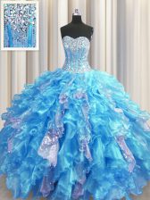  Visible Boning Baby Blue Sleeveless Beading and Ruffles and Sequins Floor Length Ball Gown Prom Dress