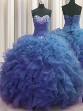 New Style Beaded Bust Floor Length Blue Quinceanera Gown Sweetheart Sleeveless Lace Up
