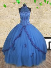  Halter Top Beading Vestidos de Quinceanera Blue Lace Up Sleeveless Floor Length