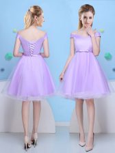  Lavender A-line Bowknot Vestidos de Damas Lace Up Tulle Cap Sleeves Knee Length