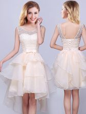 Charming Scoop Sleeveless Lace Up Dama Dress Champagne Organza