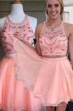 Customized Scoop Mini Length Pink Evening Dress Chiffon Sleeveless Beading