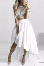  White Lace Up Scoop Lace Chiffon Cap Sleeves