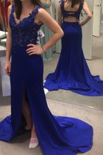Popular Column/Sheath Sleeveless Royal Blue Prom Dresses Sweep Train Backless